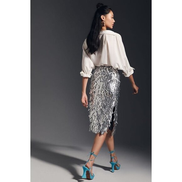 NWT Anthropologie Sequin Fringe Skirt 0P Silver Pencil Cocktail HTF - Picture 4 of 11